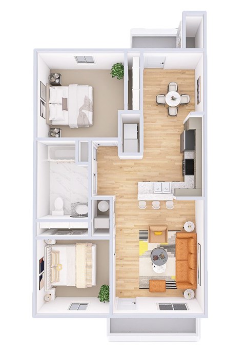 Floor plan for 2 beds, 1 bath, 850 sqft